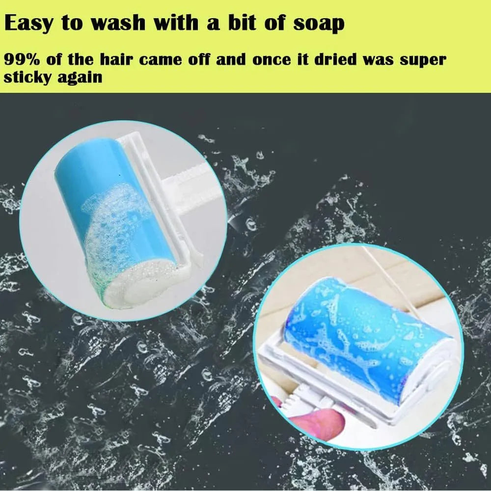 Washable lint roller in blue, green, pink, or yellow with reusable adhesive for pet hair removal