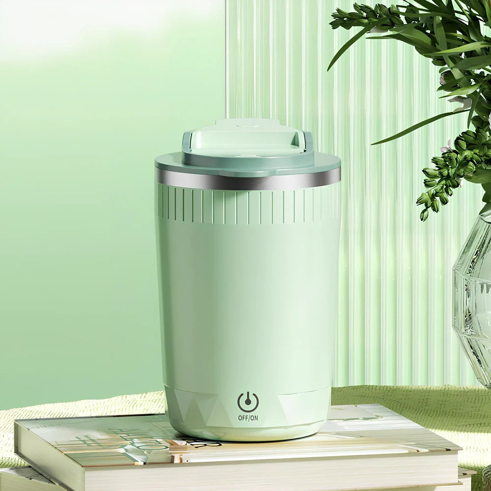 Beige auto stirring electric coffee cup, 400ml capacity, 14cm tall with USB rechargeable stirrer and insulated walls