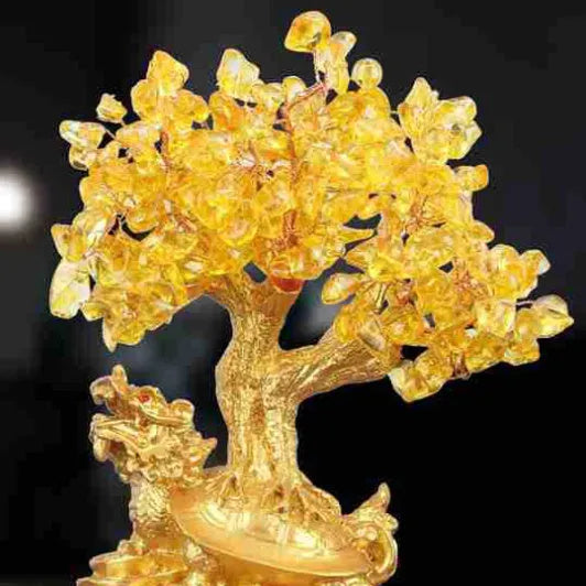 Citrine-coloured resin turtle money tree Feng Shui ornament measuring 18cm tall with detailed animal modelling