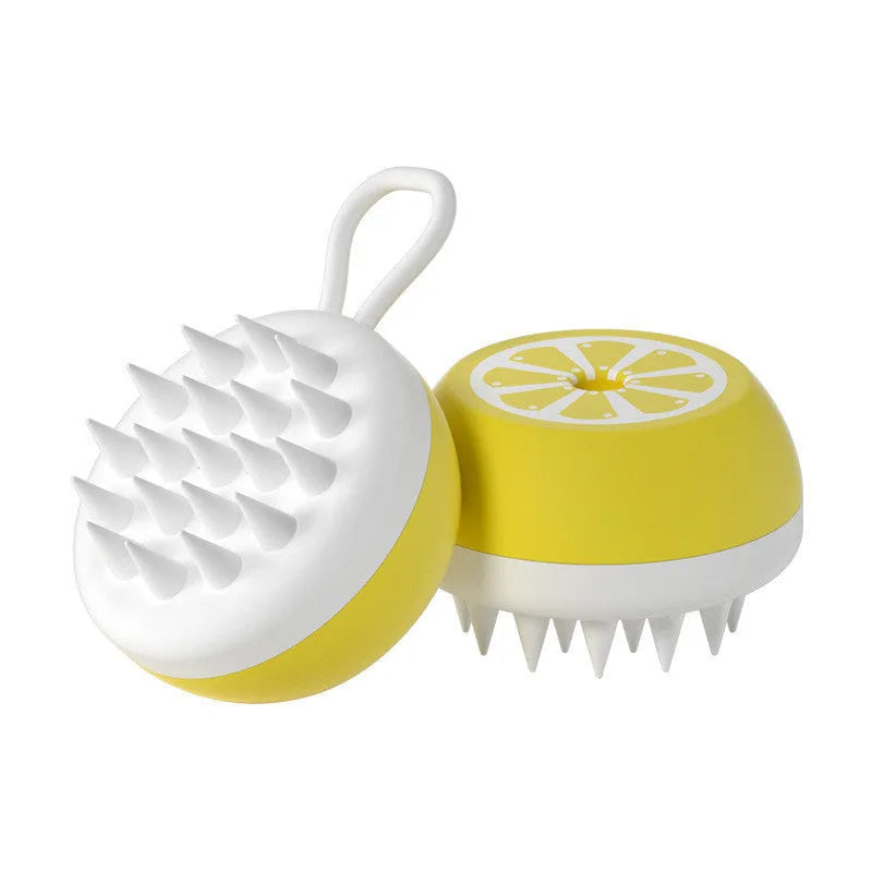 Yellow silicone pet bath brush with 3D massage head for dog and cat grooming measuring 102x70x46mm
