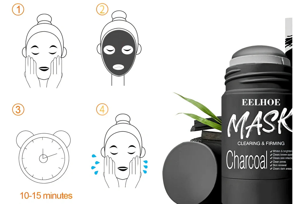Rotating head face mask stick showing charcoal and Vitamin C solid clay formulations