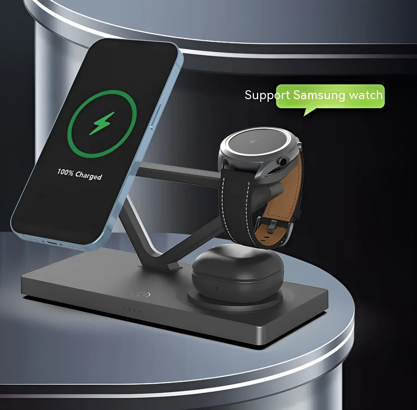 Wireless charging station with magnetic phone bracket, circular charging base and watch dock in black or white
