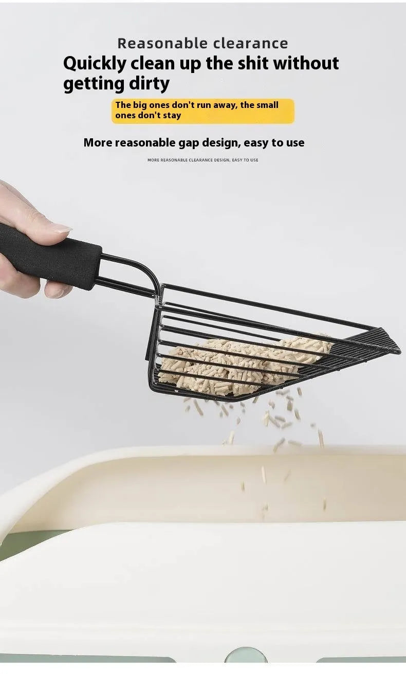 Black metal cat litter scoop with long handle and fine sifting mesh.