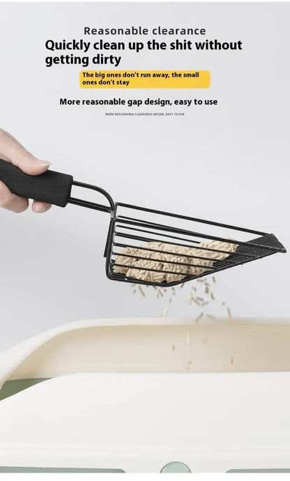 Black metal cat litter scoop with long handle and fine sifting mesh.