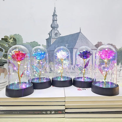 Glass cover small night lamp with plastic flowers, 15cm height, black base, and multiple light colour options
