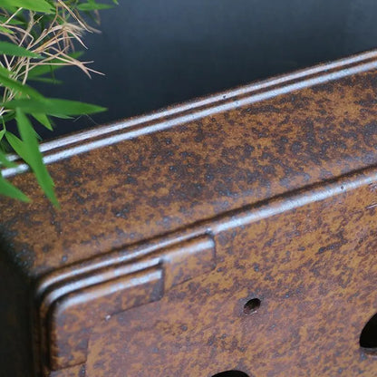 Purple sand rectangular bonsai pot with five-line design and firewood burning texture, shown with pine bonsai
