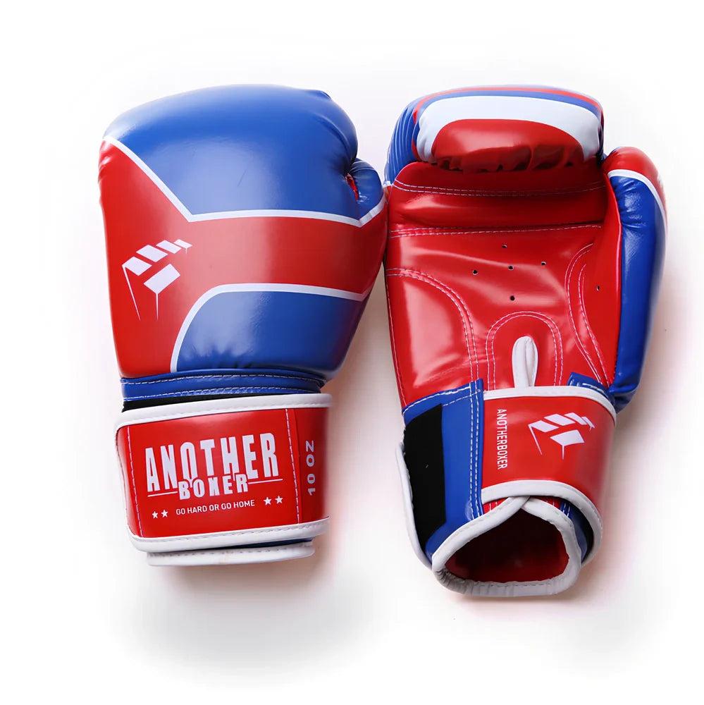 Pair of 10oz Sanda children boxing gloves in blue red type A, PU material with vertical style padding