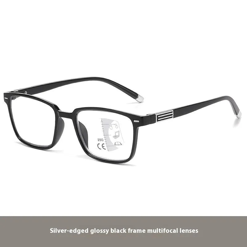 Multifocal reading glasses with anti blue light protection showing colour changing lenses