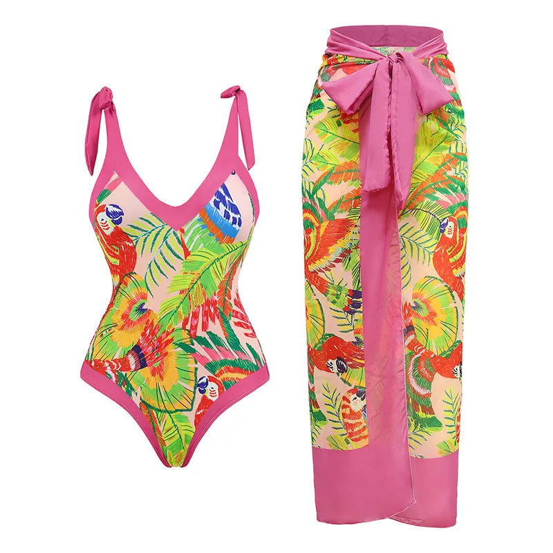 Pink floral print women's retro swimsuit with V-neck and attached thin skirt cover