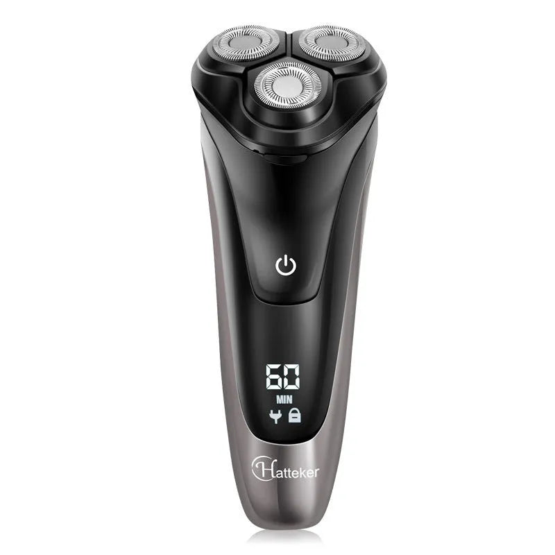Men's electric shaver with three floating heads, pop-up sideburn trimmer, and USB charging cable.