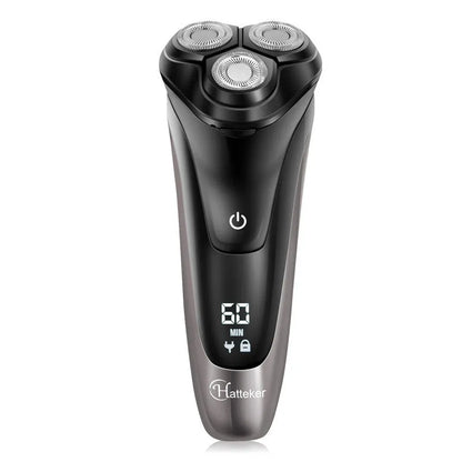 Men's electric shaver with three floating heads, pop-up sideburn trimmer, and USB charging cable.