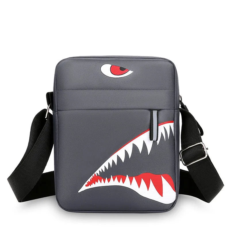 Men's small black crossbody bag with animal pattern printing and oxford cloth construction