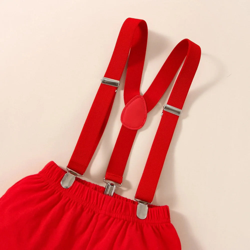 Red cotton baby romper with suspender shorts and printed letters for birthday celebrations