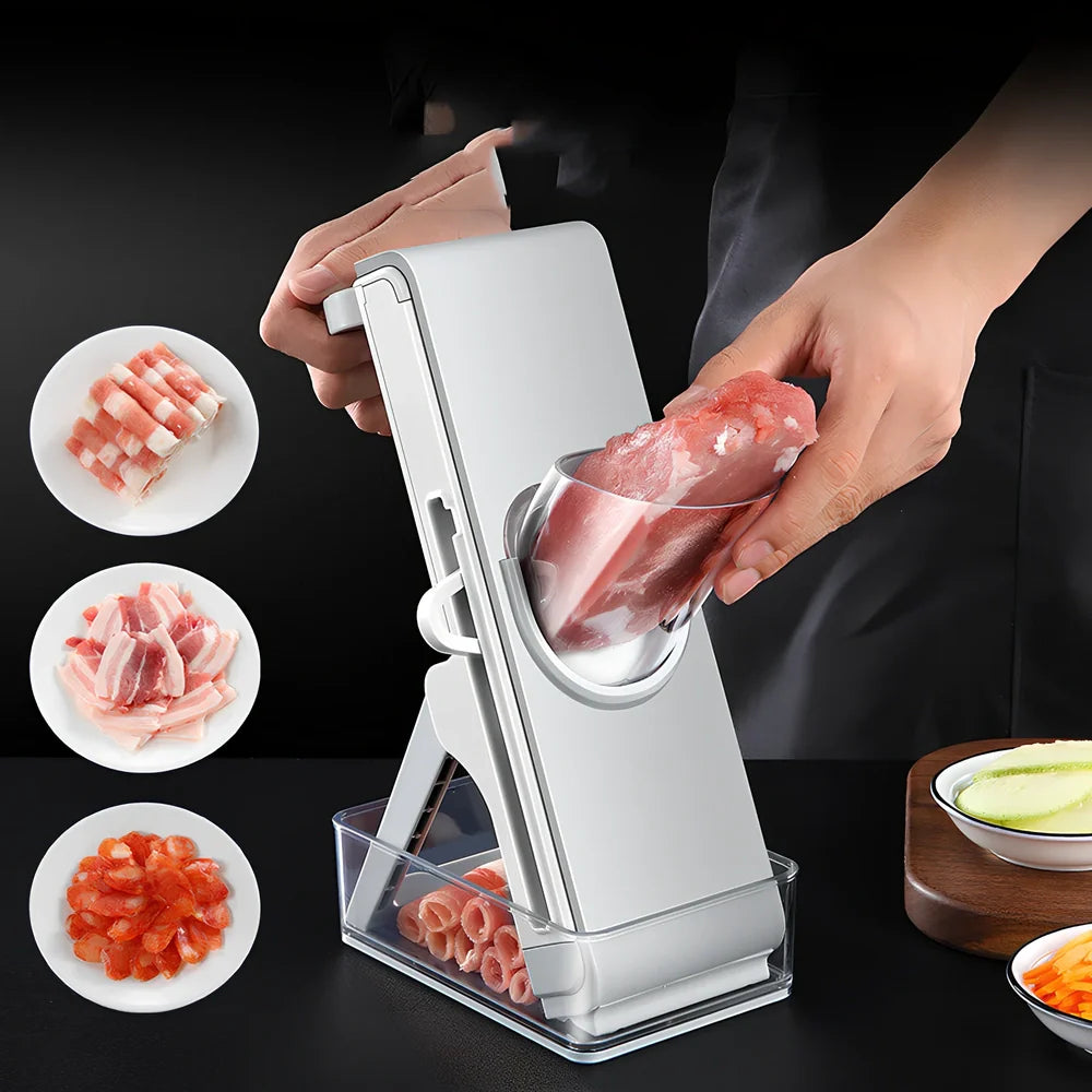 Hand-crank vegetable cutter with three stainless steel blades and fresh-keeping container, grey colour, 28.8cm length