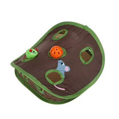 Interactive cat toy with nine holes for hide and seek games, includes ball and mouse