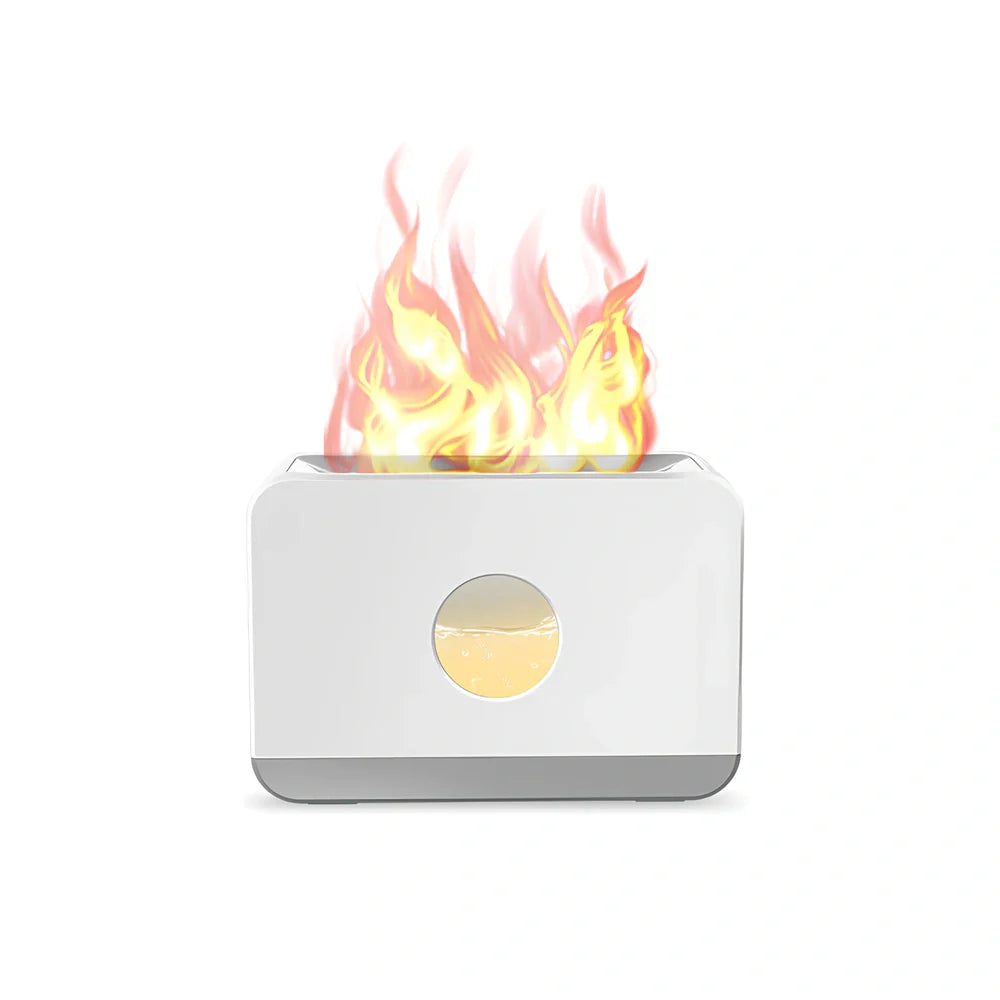 Square two-colour flame aromatherapy humidifier showing mist output and LED lighting effects
