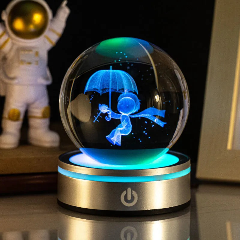 3D inner carving luminous crystal ball night lamp with 8cm white crystal and round touch USB base