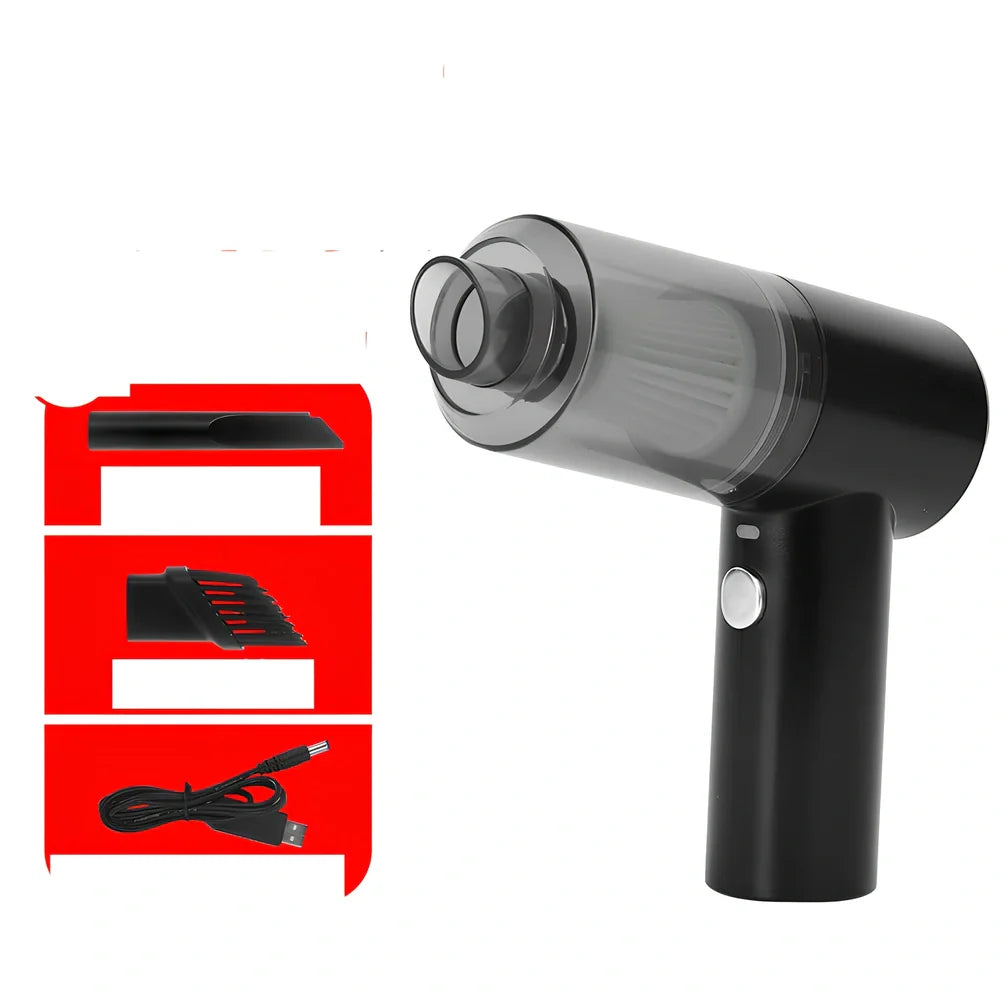 Black cordless car vacuum with suction head and brush attachment, 16.5cm size