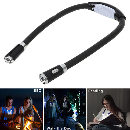 Flexible neck book light with U-shaped design showing adjustable LED reading lamp in use