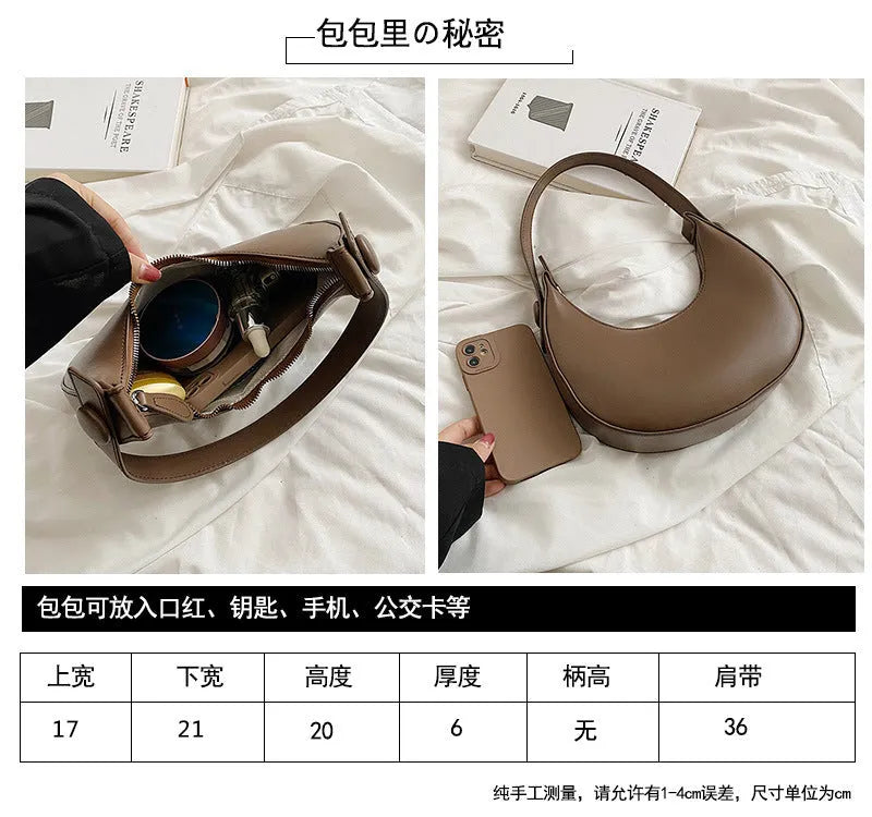 Women's retro shoulder bag in dumpling shape, 21x20x6cm, PU leather with zipper organiser