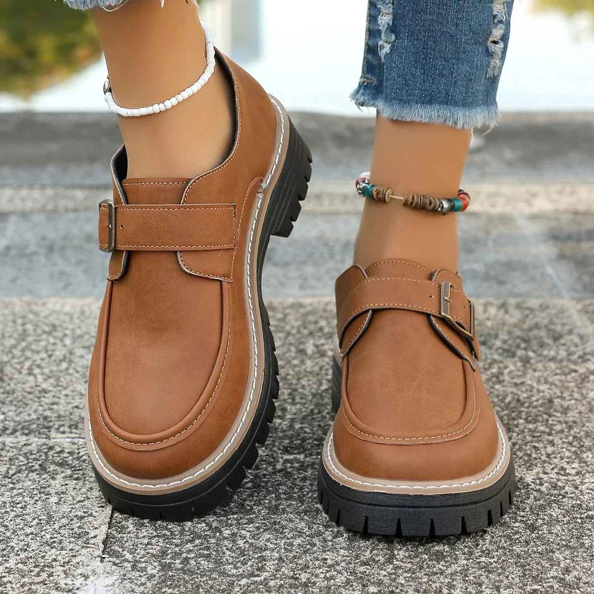 Stylish women's buckle loafers with thick sole for height increase