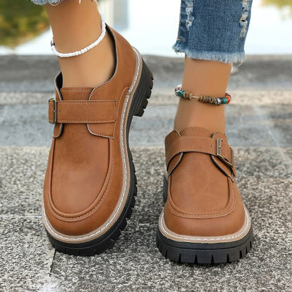 Stylish women's buckle loafers with thick sole for height increase