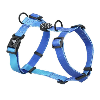 Polyester dog chest strap showing gradient colour pattern options in S, M, and L sizing