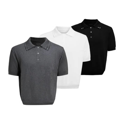 Men's black double collar polyester short sleeve shirt with loose fit and slim knit construction