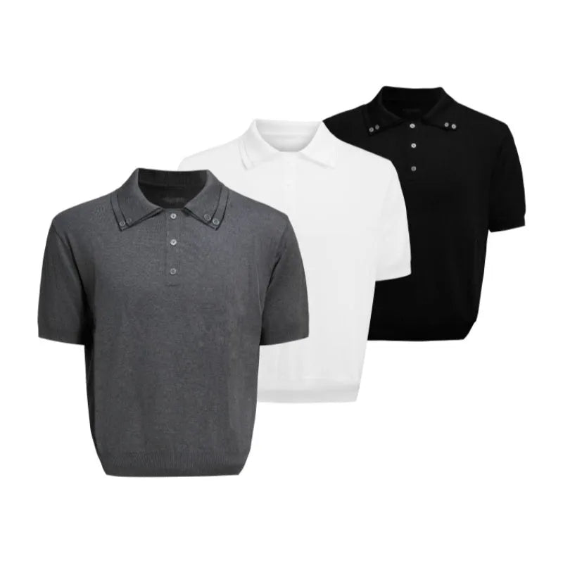 Men's short sleeve shirt with double collar and knit fabric in loose fit polyester tee, available in black, white or grey colours in sizes M, L and XL for casual wear and layered outfits