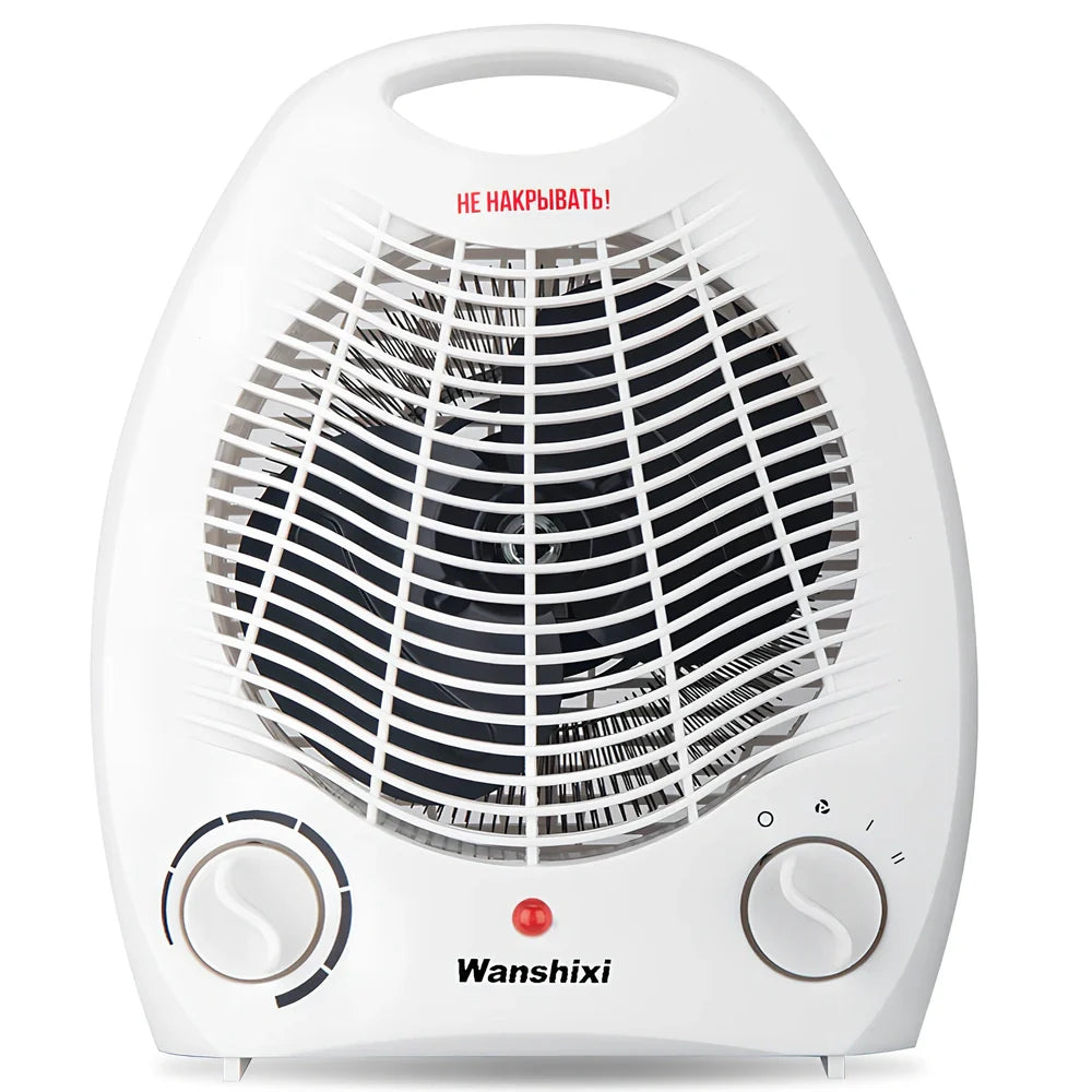 White compact electric heater with mechanical control knob for three-speed operation