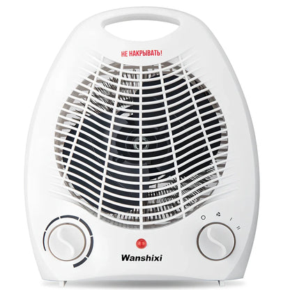 White compact electric heater with mechanical control knob for three-speed operation