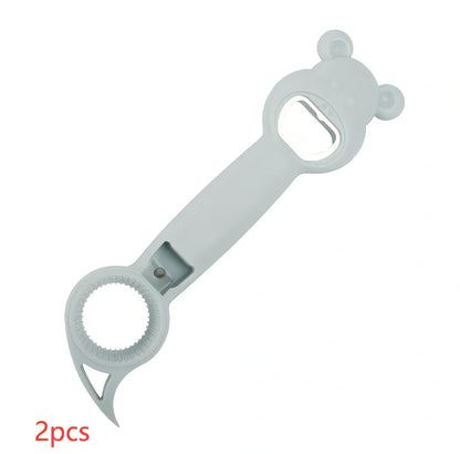 Bear-shaped 4-in-1 stainless steel bottle opener in gray blue, 21 cm long for jars cans and beers