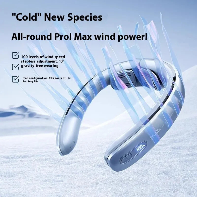 Hanging neck portable fan with USB power, brushless motor, and no-blade design measuring 218x175x50mm, delivering 100-speed ice wind in silver grey for hands-free cooling at home or work