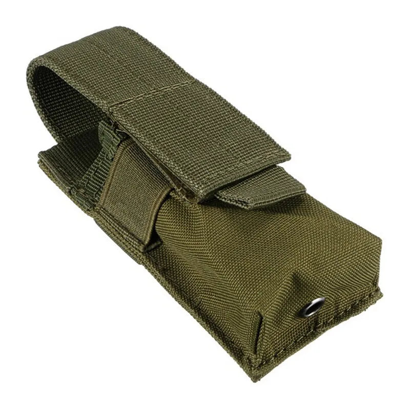 Black MOLLE tactical pouch with elastic cord closure, shown mounted on a belt, dimensions 14x5.5x4cm.