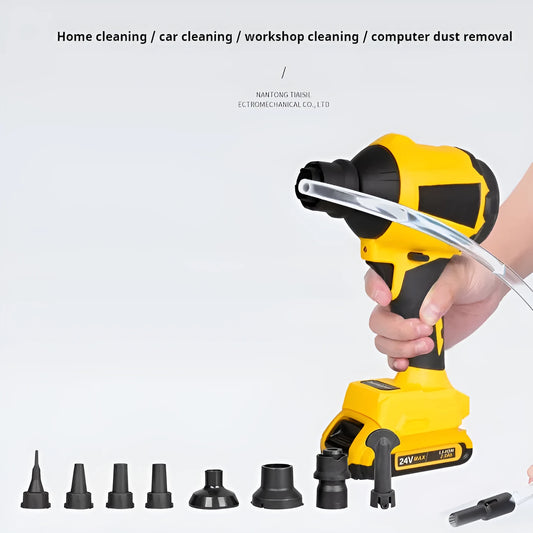 Yellow cordless lithium battery dust gun with accessories for household and office cleaning tasks