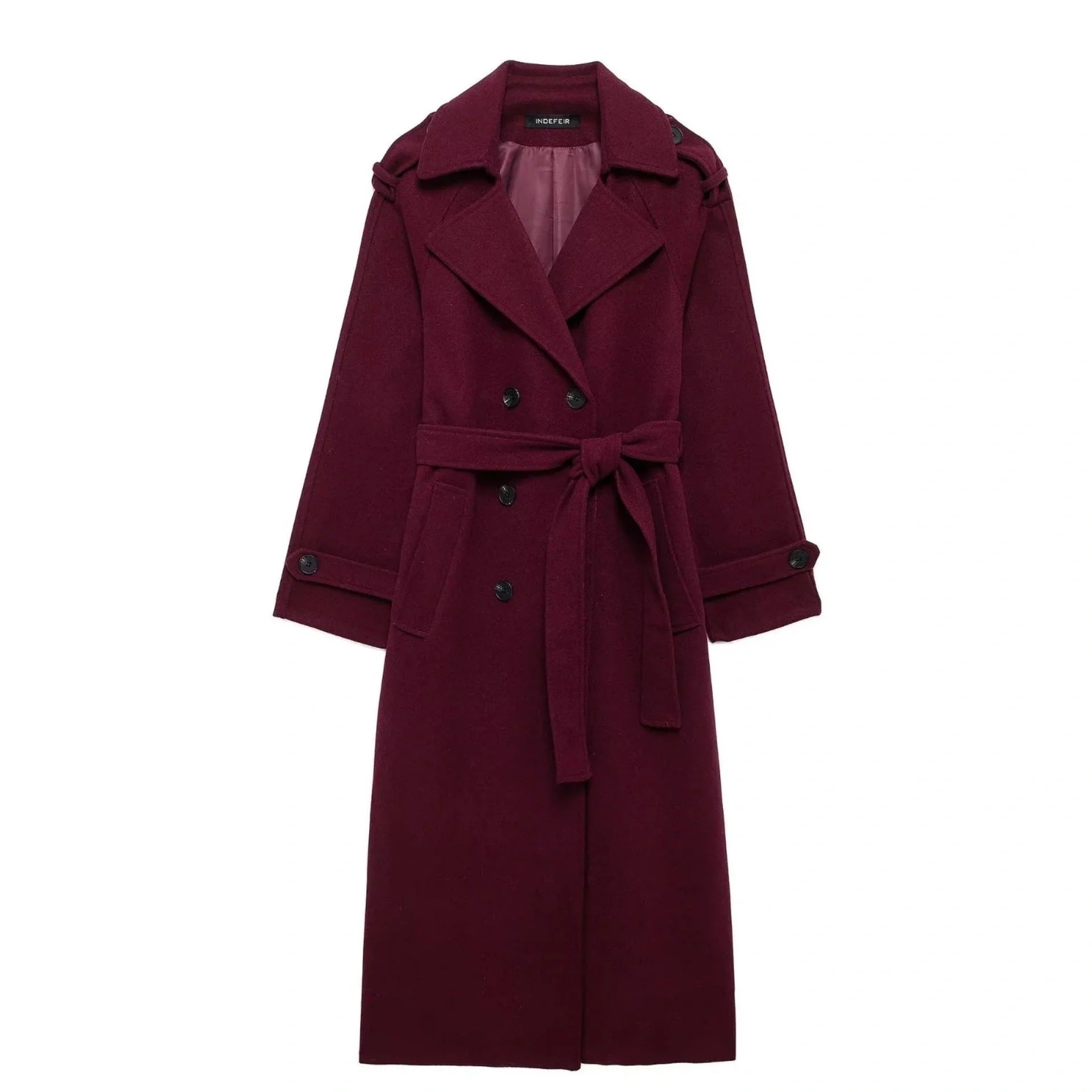 Premium woolen coat in wine red color with double-breasted design and belt for women's winter fashion