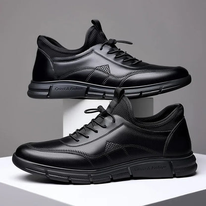 Men's black leather casual shoes with square heel and leather stitching details