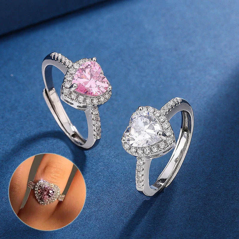Adjustable peach heart ring with micro-encrusted zircon diamonds in white gold color