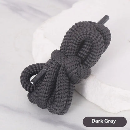 Round braided cotton shoelaces in multiple colours showing width and length options on a white background.