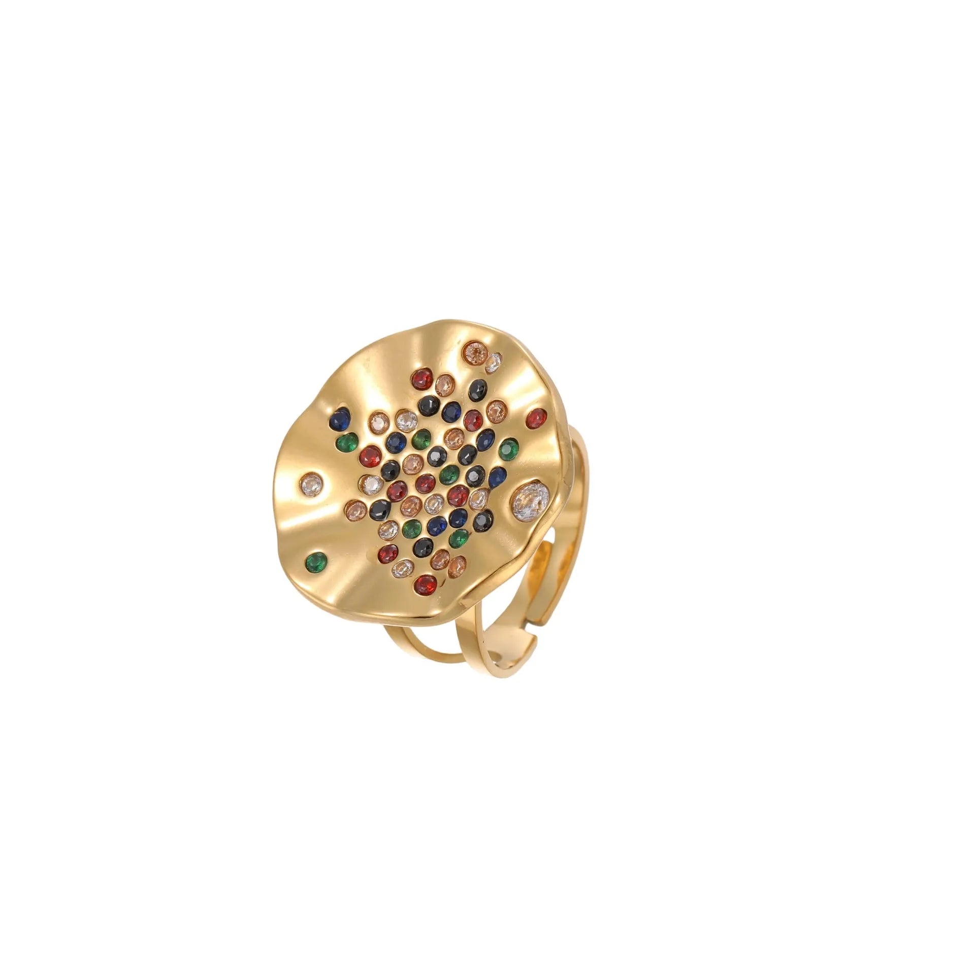 Pleated geometric open mouth ring made from stainless steel with colourful crystal inlay on a hand.