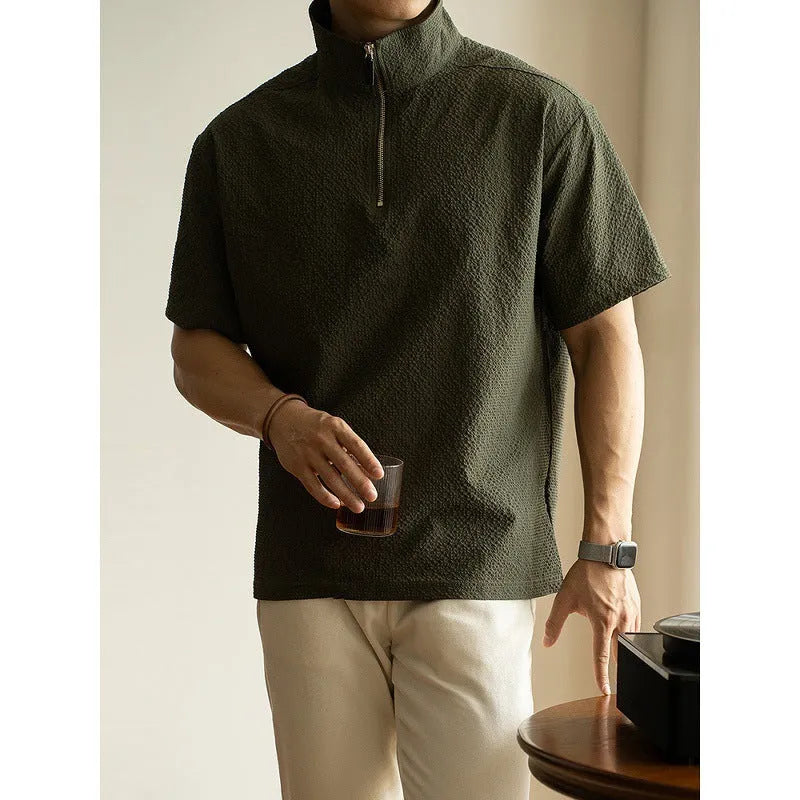 Men's loose-fit short sleeve T-shirt in cedar green, made from quick-drying ice silk polyester fabric.