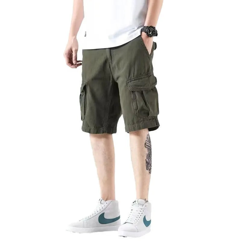 Men's heavy American overalls shorts in khaki, black, or green, loose straight-leg polyester blend summer shorts with zip fly