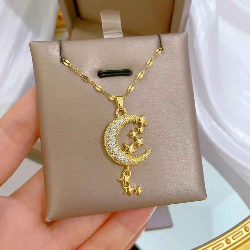 A218 stainless steel necklace with geometric moon pendant featuring copper detailing on an image style chain