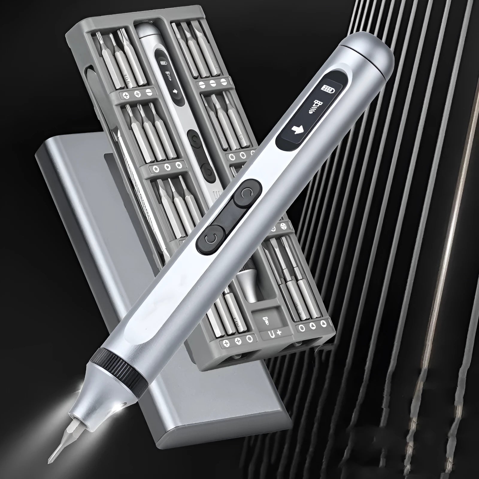 Precision electric screwdriver with aluminium alloy handle showing compact design