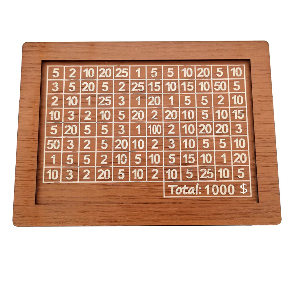 Wooden piggy bank with coin counter and side opening mechanism measuring 20cm