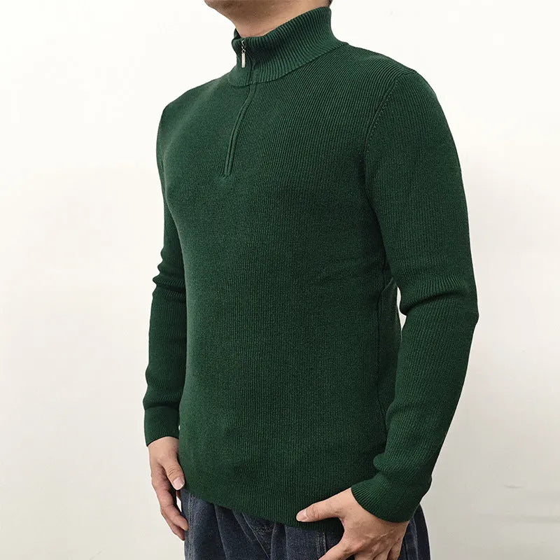 Men's black half-turtleneck zipper sweater with long sleeves, suitable for spring and autumn leisure wear