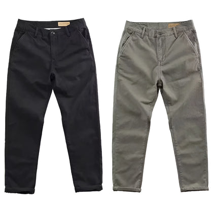 Men's slim fit casual trousers in cotton-polyester blend with straight leg, shown in multiple colour options.
