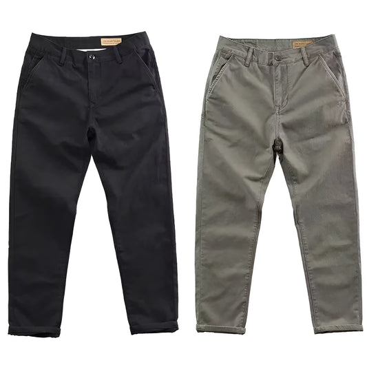 Men's slim fit casual trousers in cotton-polyester blend with straight leg, shown in multiple colour options.
