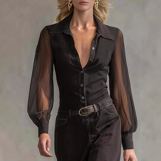 Black long sleeve mesh dress with asymmetric skirt and high waist design