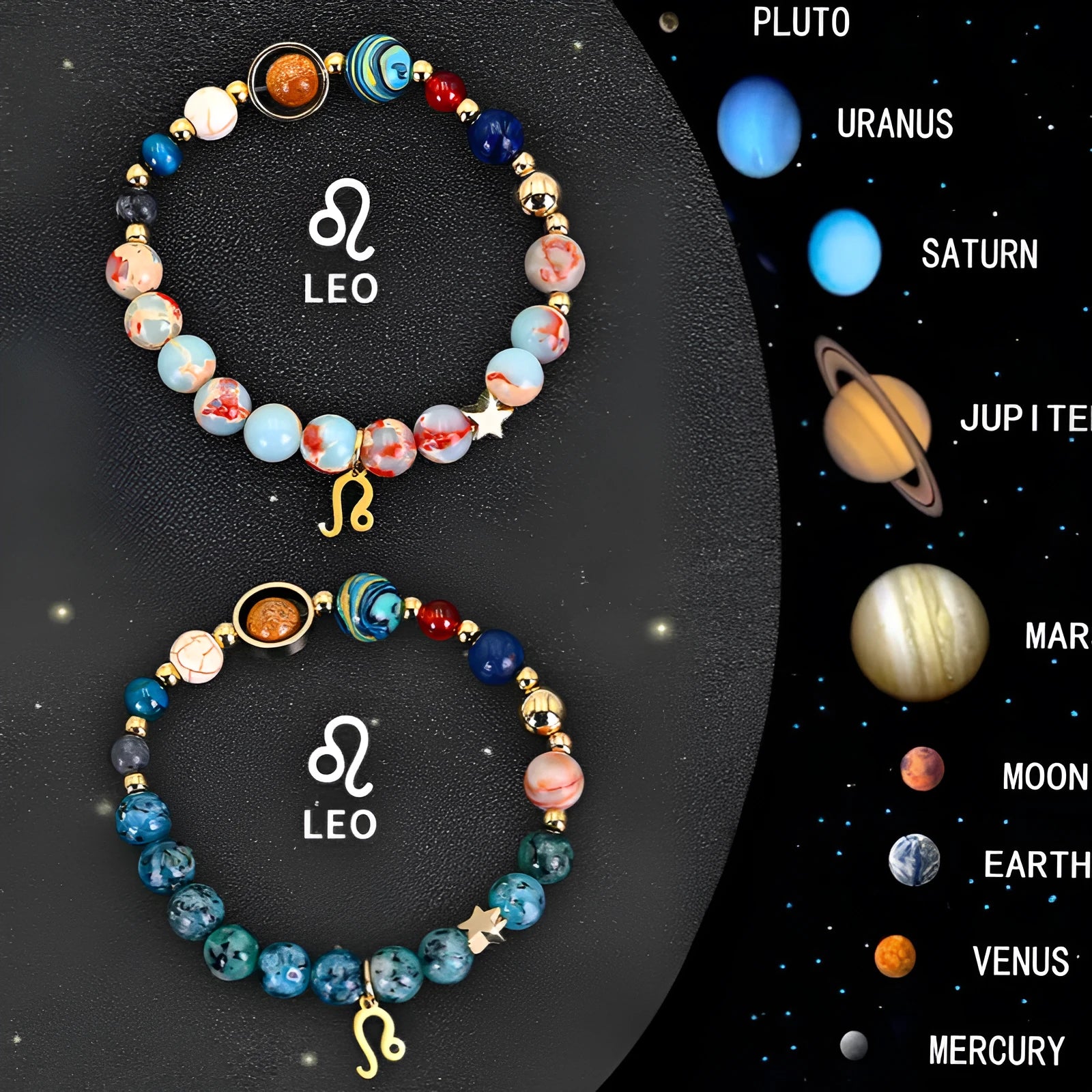 Set of two natural stone beaded bracelets showing zodiac sign designs on an elastic cord.